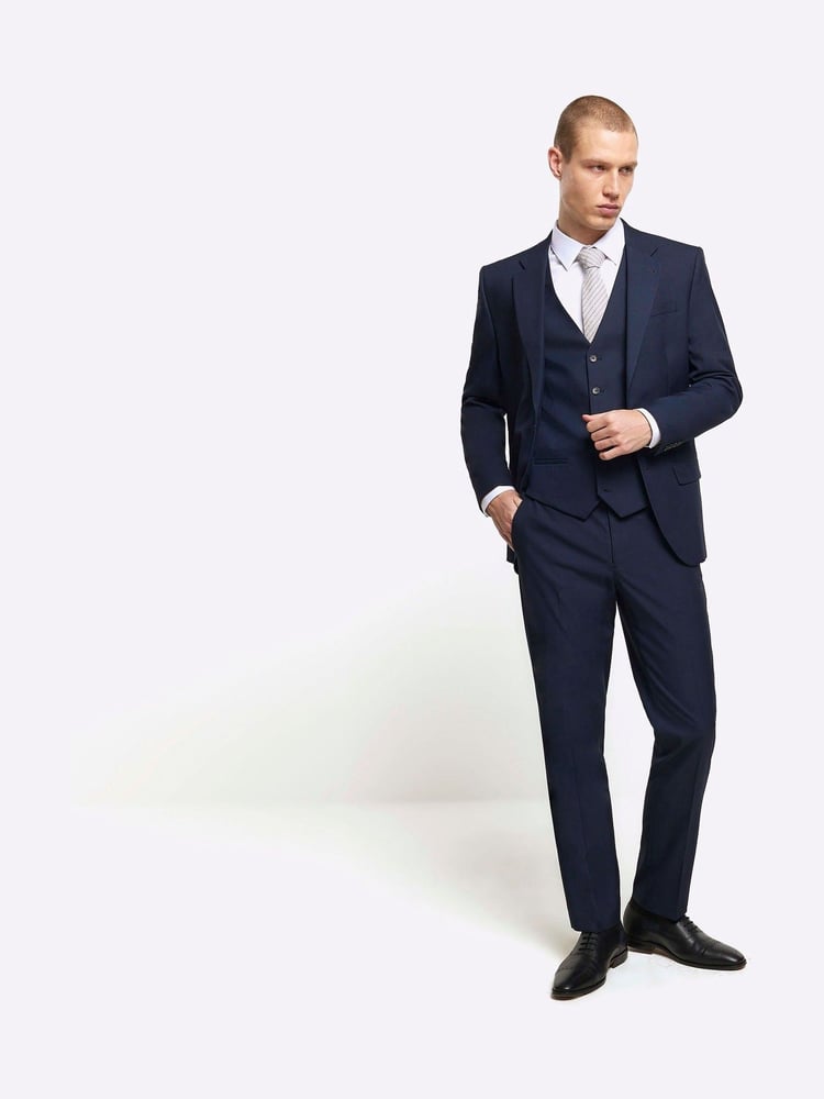 River Island Blue Plain Slim Fit Suit Waistcoat - Image 1 of 3 River Island Blue Plain Slim Fit Suit Waistcoat - Image 1 of 3