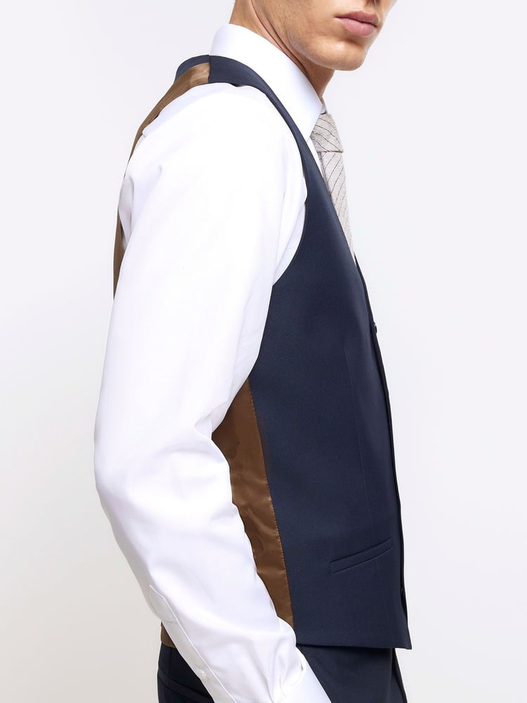 River Island Blue Plain Slim Fit Suit Waistcoat - Image 3 of 3 River Island Blue Plain Slim Fit Suit Waistcoat - Image 3 of 3