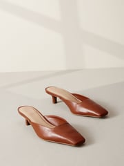 Brown Premium Forever Comfort® Leather Square Toe Kitten Mules - Image 1 of 5