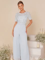 Quiz Blue Embellished Jumpsuit With Short Sleeve - Image 1 of 5
