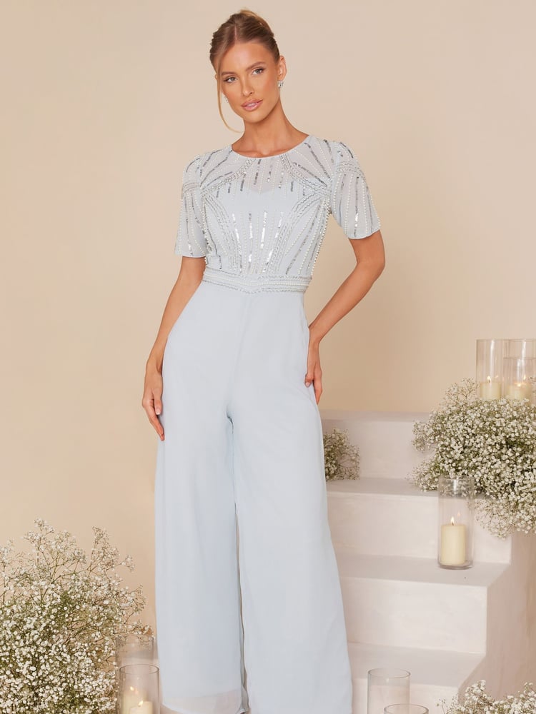 Quiz Blue Embellished Jumpsuit With Short Sleeve - Image 1 of 5