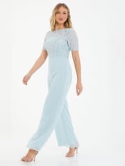 Quiz Blue Embellished Jumpsuit With Short Sleeve - Image 4 of 5