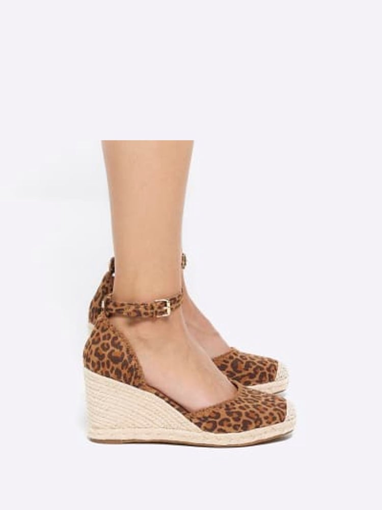 River Island Brown Leopard Espadrille Wedge Sandals - Image 1 of 5 River Island Brown Leopard Espadrille Wedge Sandals - Image 1 of 5