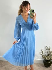 Style Cheat Blue Dannica Pleated Balloon Sleeve Maxi Dress - Image 1 of 4