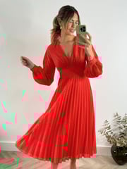 Style Cheat Red Dannica Pleated Balloon Sleeve Maxi Dress - Image 1 of 4