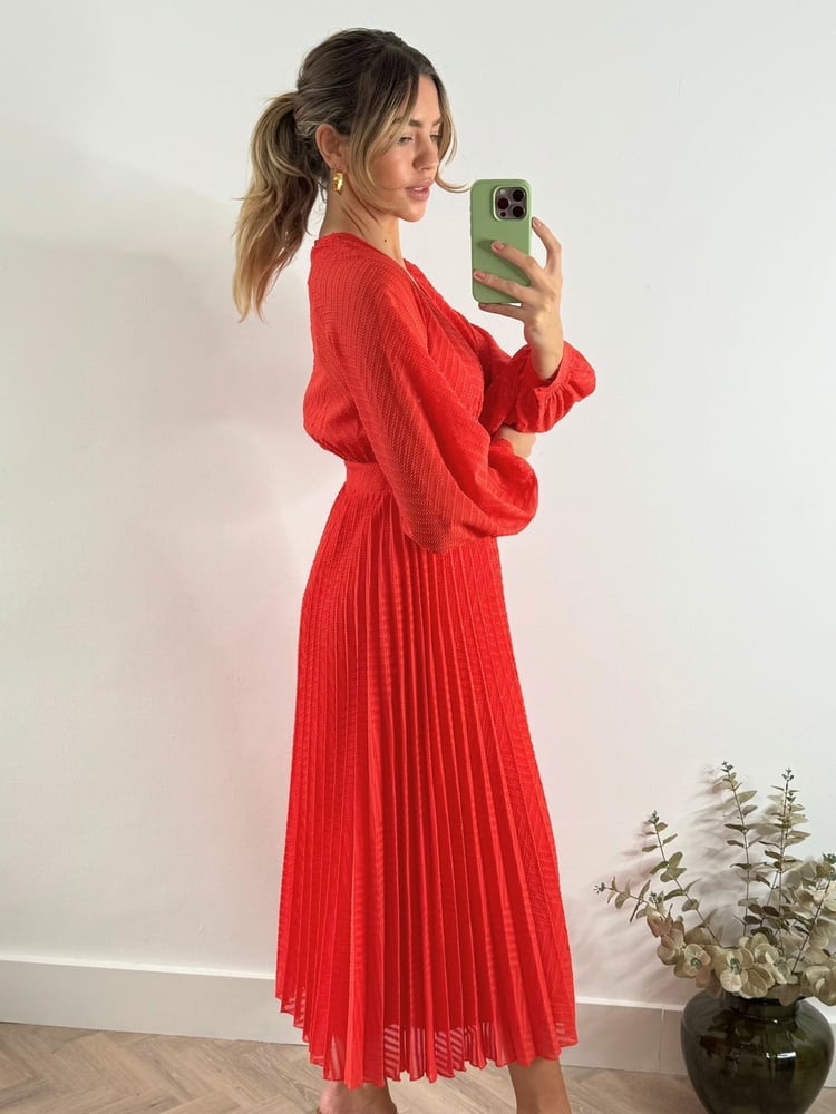Style Cheat Red Dannica Pleated Balloon Sleeve Maxi Dress - Image 2 of 4