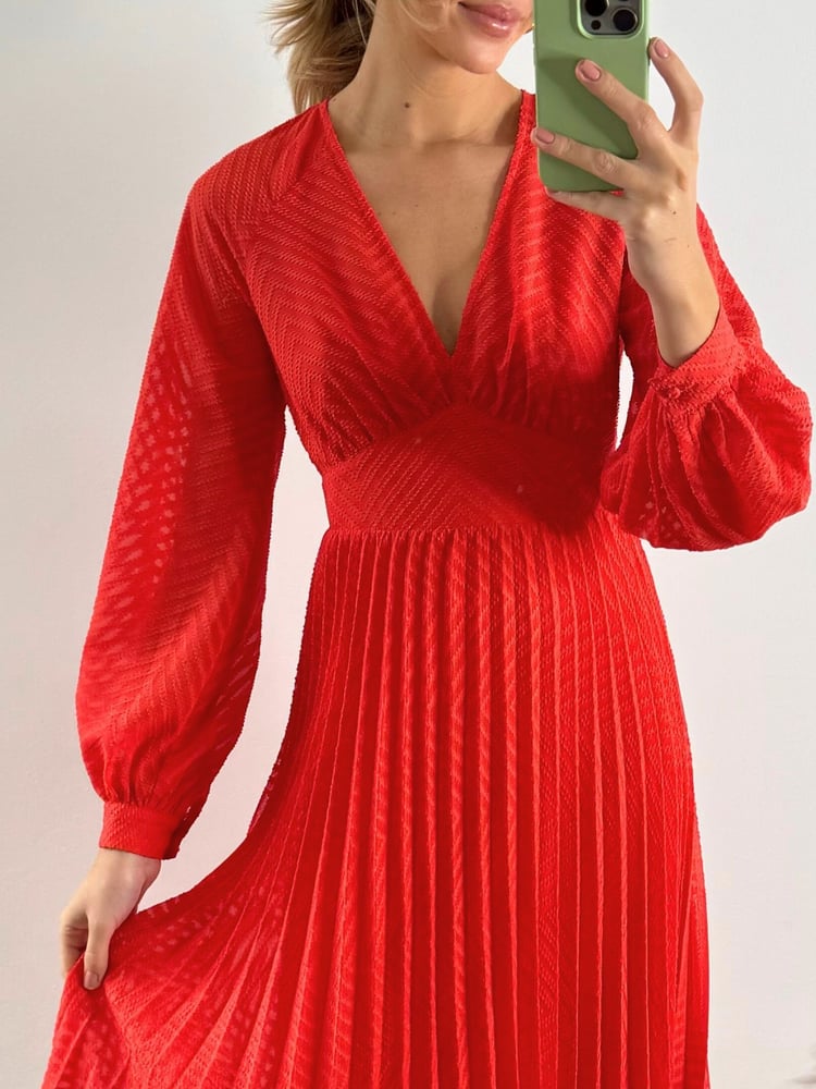 Style Cheat Red Dannica Pleated Balloon Sleeve Maxi Dress - Image 4 of 4