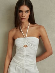 Reiss Cream Solare Ruched Halterneck Top - Image 1 of 5