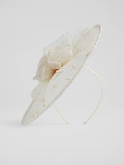 LK Bennett White Mesh Pearl Detail Ayla Wide Brim Fascinator Hat - Image 1 of 3