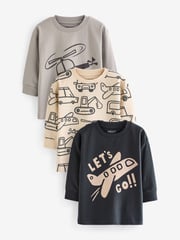Black/Grey 100% Cotton Long Sleeve Transport T-Shirts 3 Pack (3mths-7yrs) - Image 1 of 5