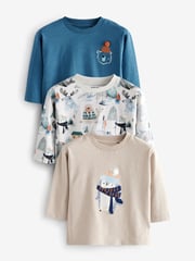 Blue/White 100% Cotton Long Sleeve Animal Print Character T-Shirts 3 Pack (3mths-7yrs) - Image 1 of 6