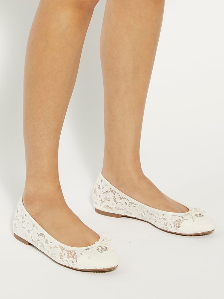 Dune London Cream Heartstring Bridal Lace Ballet Flat Shoes - Image 1 of 6