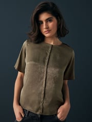 Khaki Green Satin Crinkle Textured T-Shirt - Image 1 of 7