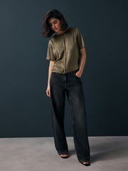 Khaki Green Satin Crinkle Textured T-Shirt - Image 2 of 7