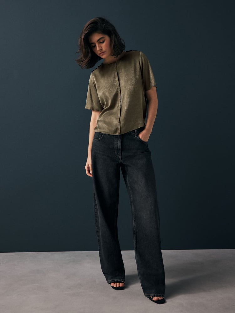 Khaki Green Satin Crinkle Textured T-Shirt - Image 2 of 7