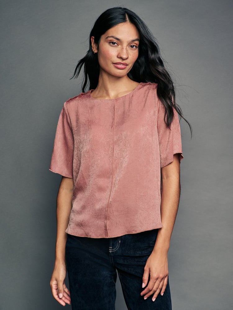 Rose Pink Satin Crinkle Textured T-Shirt - Image 1 of 7