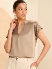 Love & Roses Brown Satin Front Embellished Trim V Neck T-Shirt - Image 1 of 4