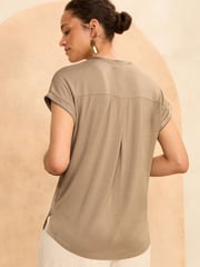 Love & Roses Brown Satin Front Embellished Trim V Neck T-Shirt - Image 3 of 4