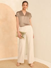 Love & Roses Brown Satin Front Embellished Trim V Neck T-Shirt - Image 4 of 4