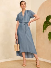 Love & Roses Navy Blue Short Sleeve Crochet Detail Tencel Denim Midi Dress - Image 1 of 4