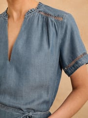 Love & Roses Navy Blue Short Sleeve Crochet Detail Tencel Denim Midi Dress - Image 2 of 4