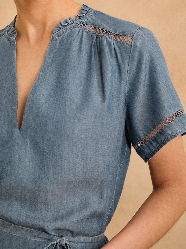 Love & Roses Navy Blue Short Sleeve Crochet Detail Tencel Denim Midi Dress - Image 2 of 4