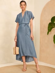 Love & Roses Navy Blue Short Sleeve Crochet Detail Tencel Denim Midi Dress - Image 4 of 4