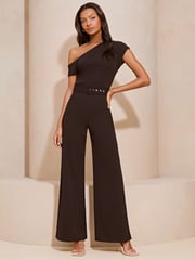 Lipsy Black Belted One Shoulder Bardot Wide Leg Jumpsuit - Image 1 of 4