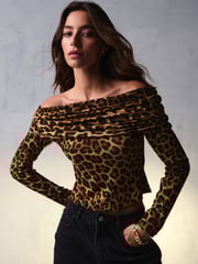 Leopard Print Ribbed Bardot Long Sleeve Top - Image 3 of 7