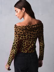 Leopard Print Ribbed Bardot Long Sleeve Top - Image 4 of 7