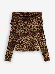 Leopard Print Ribbed Bardot Long Sleeve Top - Image 6 of 7