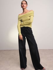 Lime Green Ribbed Bardot Long Sleeve Top - Image 2 of 7