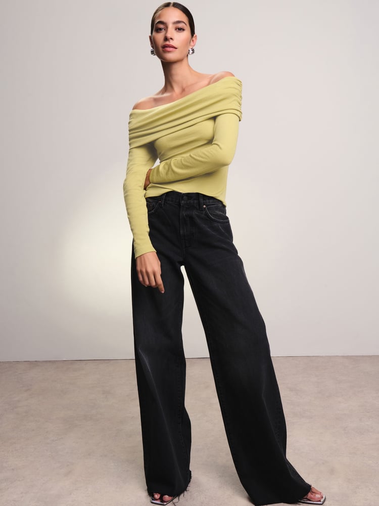 Lime Green Ribbed Bardot Long Sleeve Top - Image 2 of 7