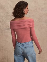 Pink Ribbed Bardot Long Sleeve Top - Image 3 of 5