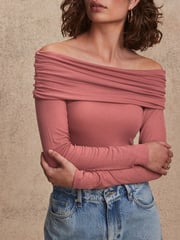 Pink Ribbed Bardot Long Sleeve Top - Image 4 of 5
