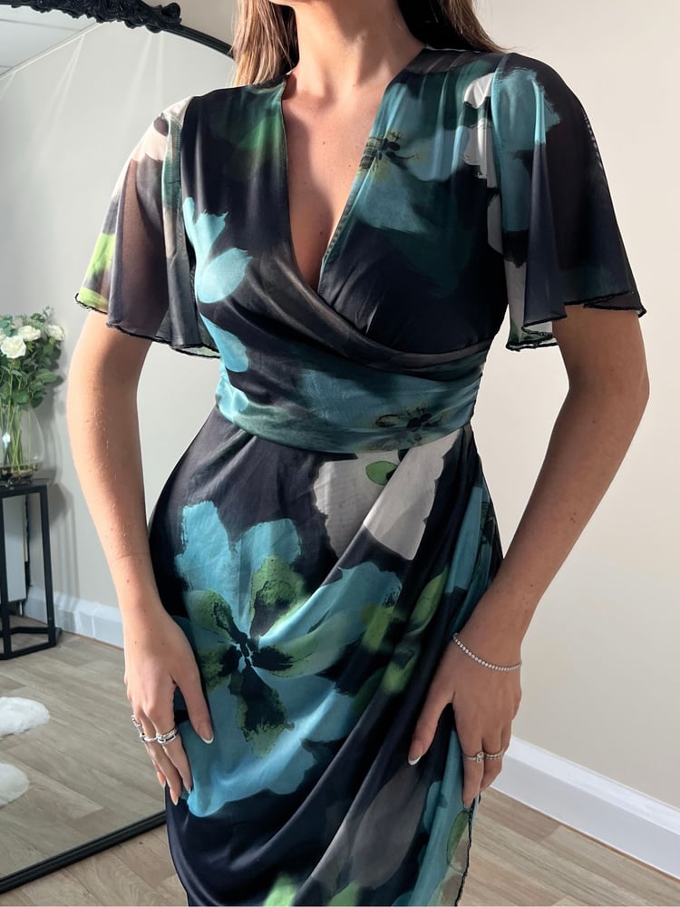 Girl In Mind Green Floral Natasha Angel Sleeve Wrap Midi Dress - Image 4 of 4
