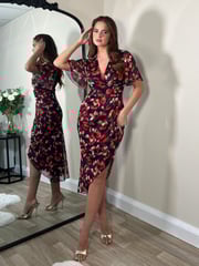 Girl In Mind Red Floral Natasha Angel Sleeve Wrap Midi Dress - Image 1 of 4