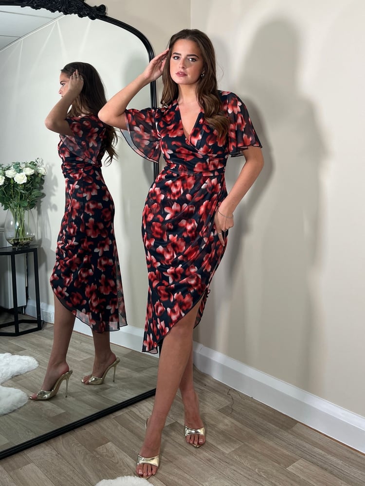 Girl In Mind Red Floral Natasha Angel Sleeve Wrap Midi Dress - Image 1 of 4