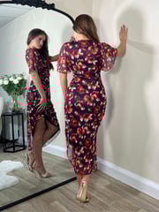 Girl In Mind Red Floral Natasha Angel Sleeve Wrap Midi Dress - Image 2 of 4