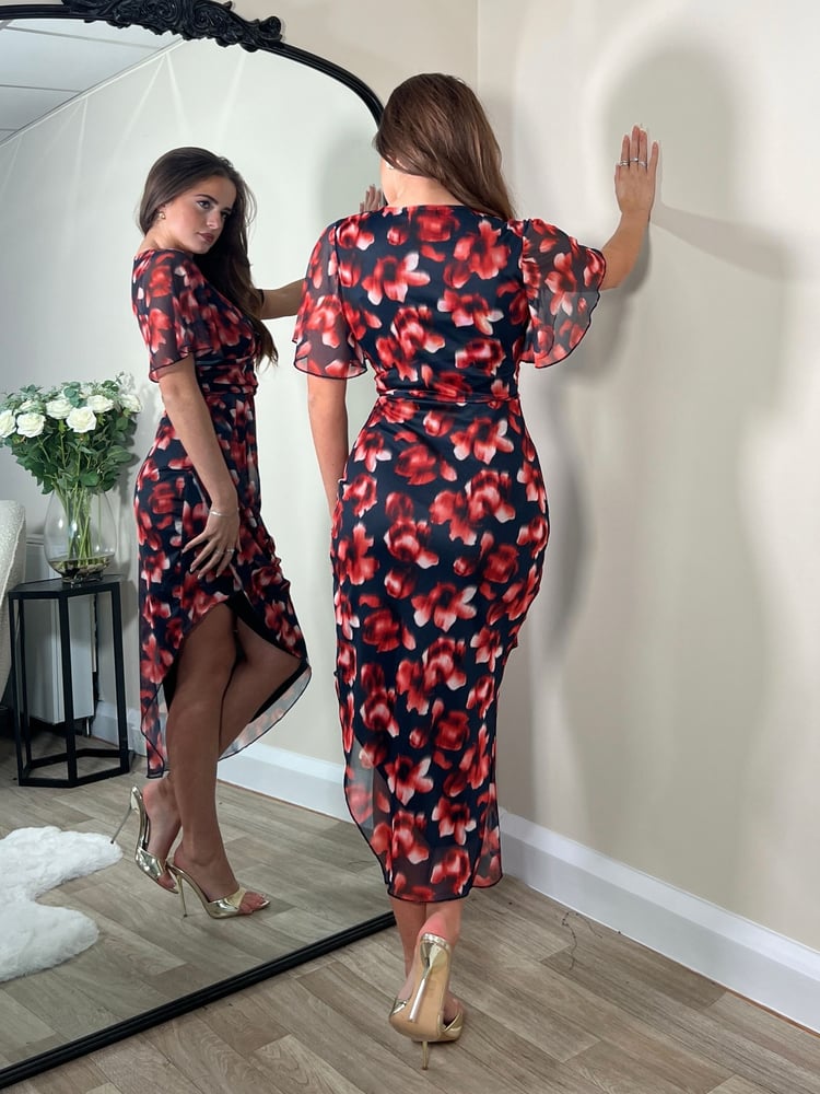 Girl In Mind Red Floral Natasha Angel Sleeve Wrap Midi Dress - Image 2 of 4
