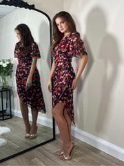 Girl In Mind Red Floral Natasha Angel Sleeve Wrap Midi Dress - Image 3 of 4