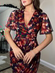 Girl In Mind Red Floral Natasha Angel Sleeve Wrap Midi Dress - Image 4 of 4