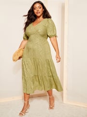 Curves Like These Khaki Green Printed Satin Puff Sleeve Midi Dress - Image 1 of 4