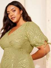 Curves Like These Khaki Green Printed Satin Puff Sleeve Midi Dress - Image 2 of 4