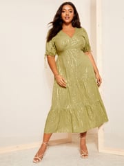 Curves Like These Khaki Green Printed Satin Puff Sleeve Midi Dress - Image 3 of 4