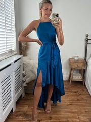 Style Cheat Blue Fleur Halter Satin High Low Hem Maxi Dress - Image 2 of 5
