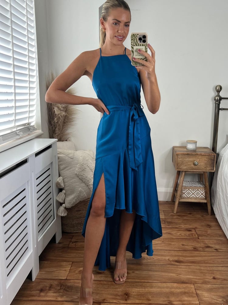Style Cheat Blue Fleur Halter Satin High Low Hem Maxi Dress - Image 2 of 5