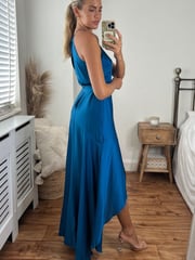 Style Cheat Blue Fleur Halter Satin High Low Hem Maxi Dress - Image 3 of 5