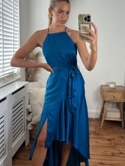 Style Cheat Blue Fleur Halter Satin High Low Hem Maxi Dress - Image 4 of 5
