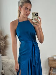 Style Cheat Blue Fleur Halter Satin High Low Hem Maxi Dress - Image 5 of 5